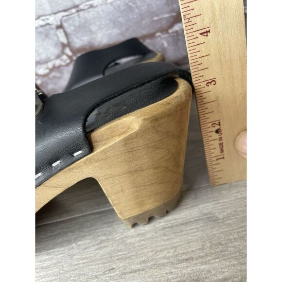 Swedish Hasbeens Black Leather Wooden Heel Peep Toe Ankle Strap Sandals Women 38 - Picture 9 of 16